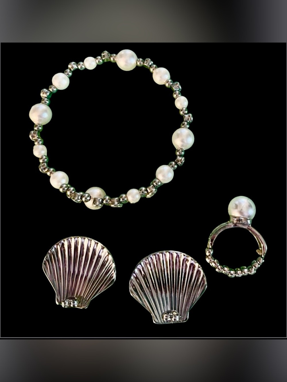 Set Pearl & Silver Shell Ring Bracelet Earring Set- Women's Fashion Jewelry